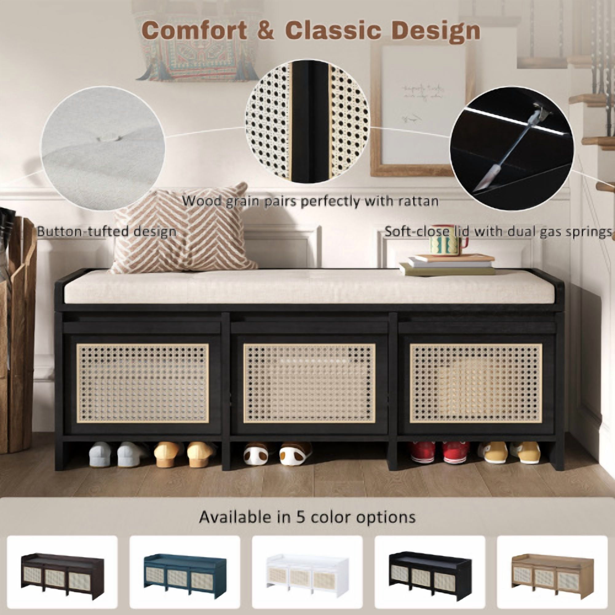48" Retro Entryway Shoe Storage Bench with Rattan Drawers & Removable Button-Tufted Cushion, Black