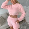 thumbnail image 6 of Lindreshi Pajama Sets for Women 2 Piece Shorts Women's Long Sleeve Solid Plush Tank Tops Set Elastic Waist Shorts, 6 of 9
