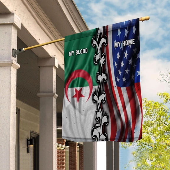 Flags-Algerian American My Home My Blood Flag Algerian Part House Flag, Double-Sided Decorative Outdoor Flag, Patriotic Polyester Yard Flag 29.5 x 39.5 in