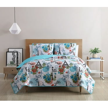 VCNY Home Eiffel 3-Piece Blue Parisian Floral Reversible Quilt Set, King, Adult, Unisex
