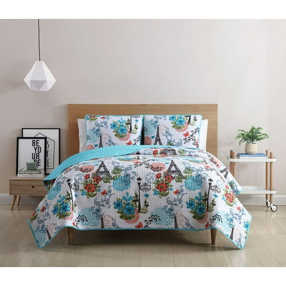 VCNY Home Eiffel 3-Piece Blue Parisian Floral Reversible Quilt Set, King, Adult, Unisex