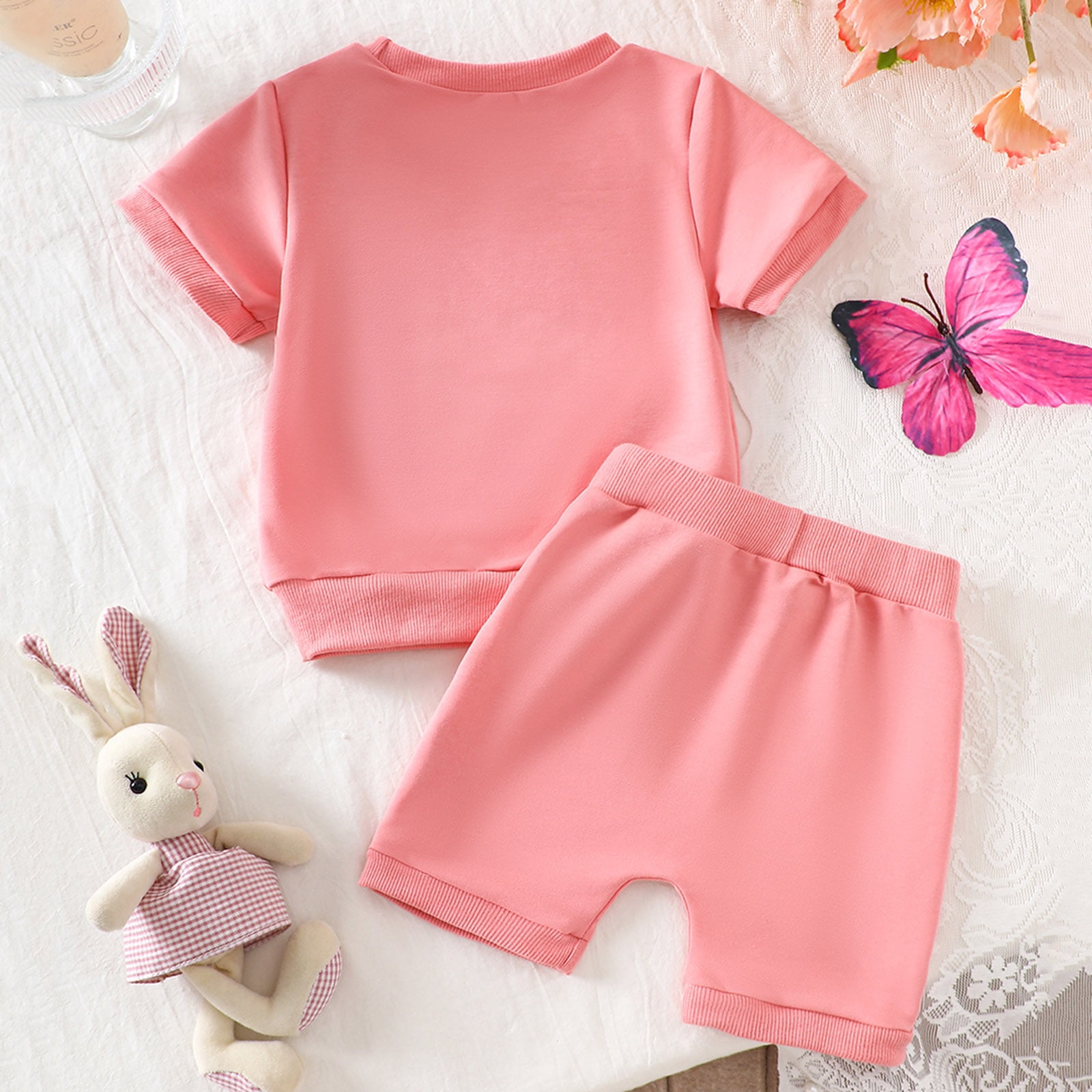 Faraee Toddler Girls Clothes Embroidery Cotton Summer Outfit Baby Kids Short Sleeve T-Shirt Tops Drawstring Pockets Shorts Clothing Set 3 6 12 18 24 Months 2t 3t Pink