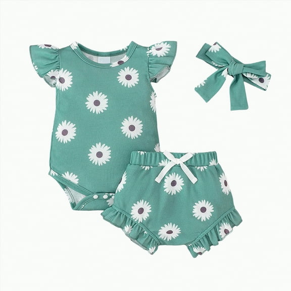 TOWED22 Newborn Baby Girl Clothes Letter Print Short Sleeve Romper Floral Shorts Headband Infant Summer Outfits(Green,0-3 M)