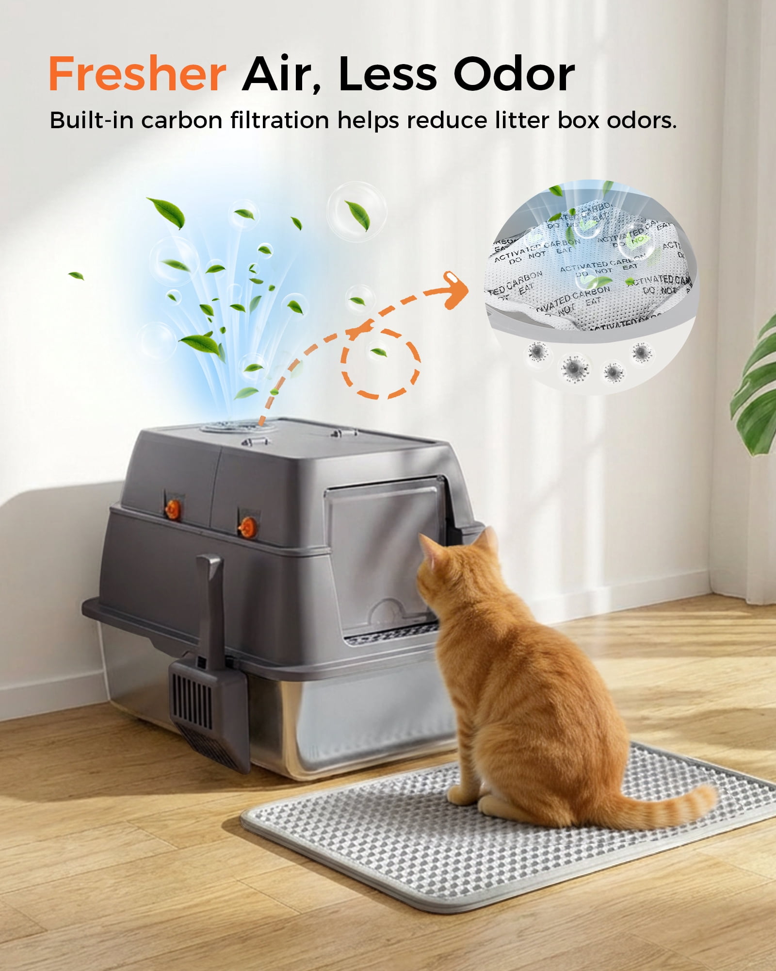 CloudRest Pro Enclosed Stainless Steel Cat Litter Box with Lid, Litter Scoop, Odor-Control Kitty Litter Tray with Scratcher for Small to Medium Cats（with No.2 Cartoon Sticker）