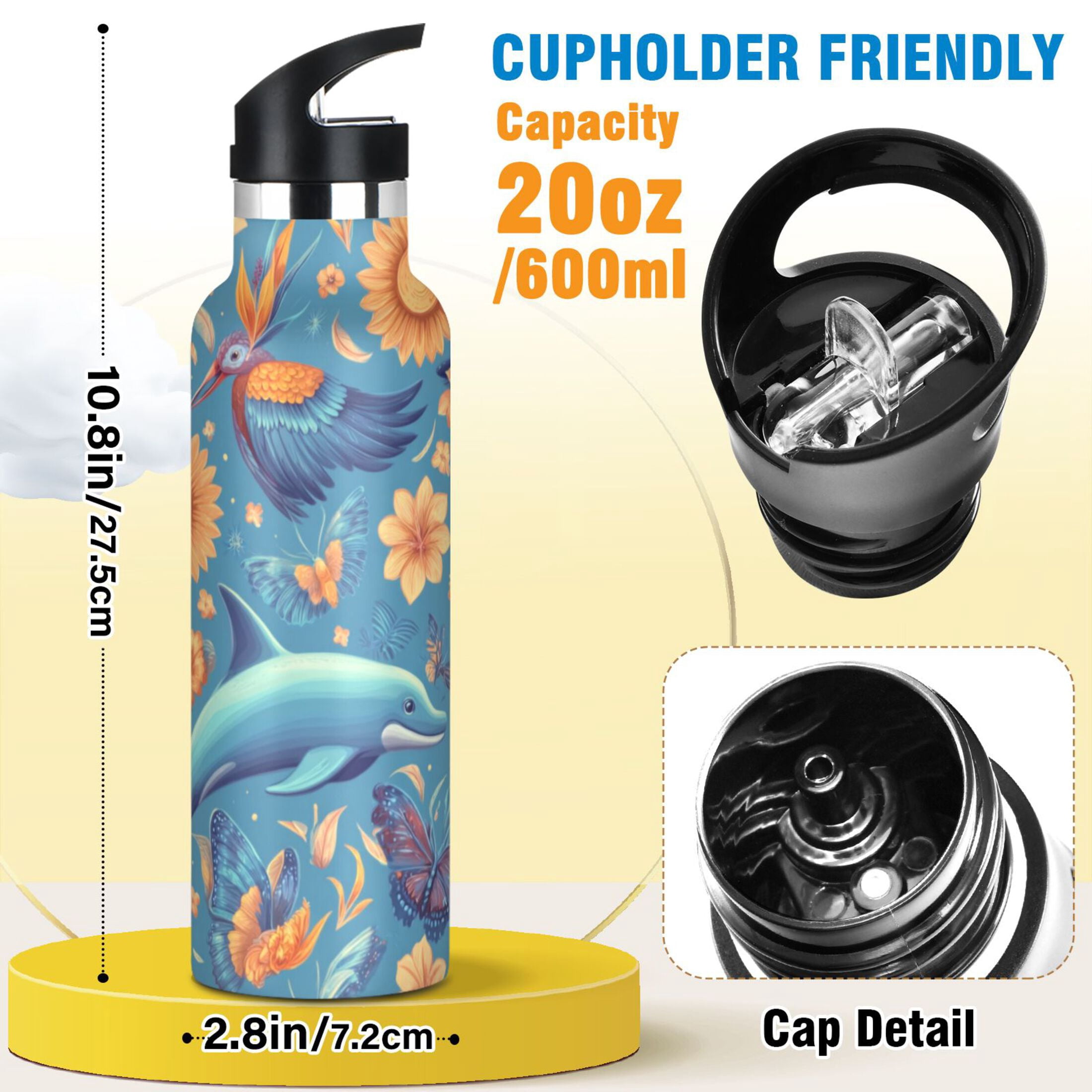 Kids Insulated Stainless Steel Sports Water Bottle 600ml (20oz) Parrots and Butterflies Pattern