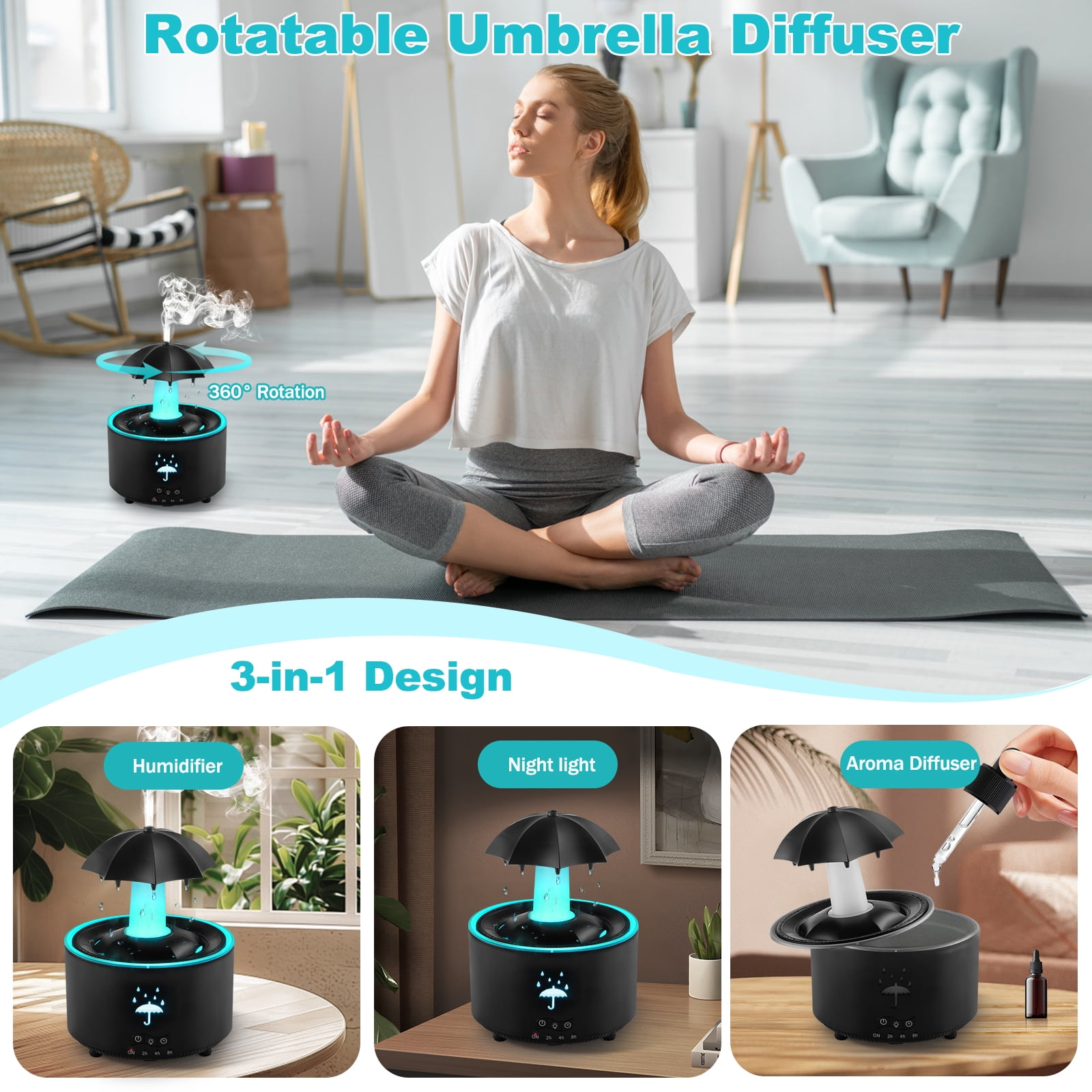 Humidifier for Bedroom, 7-Color Rotating Umbrella Diffuser with Rain Drop Effect, 300ML Small Humidifier Aroma Diffuser with Remote & Timer, Funny Rain Humidifier Gift for Kids Teen Women