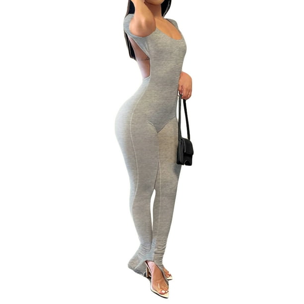 Mono salvaje de moda de verano para mujer de VISgogo, mono de Color sólido con cuello redondo, pantalones acampanados de manga corta, monos largos, ropa de una pieza VISgogo moda