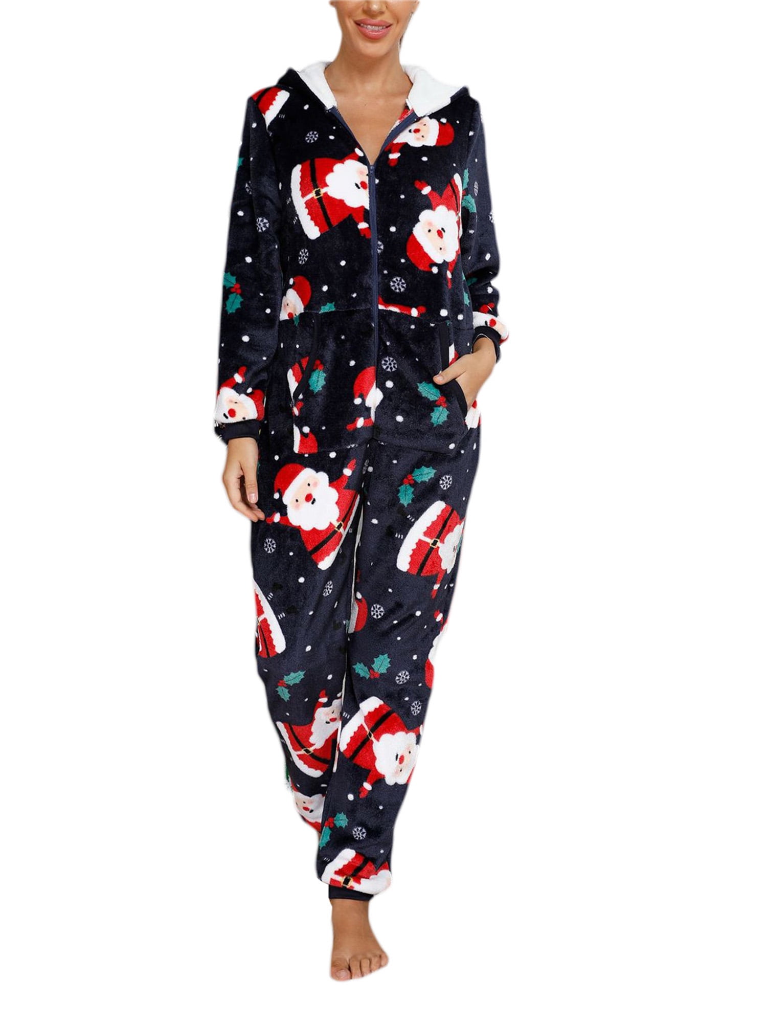 Kayotuas Womens One Piece Christmas Pajamas Coral Fleece Hooded Onesie