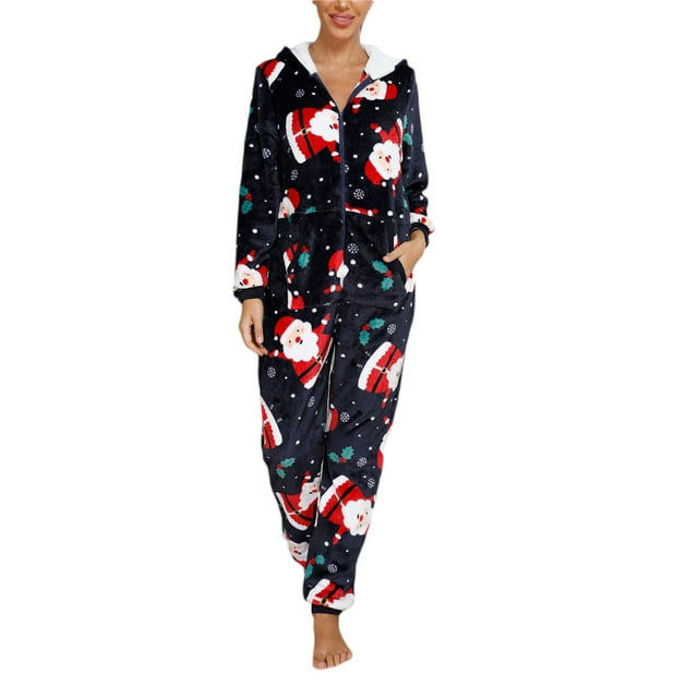 goowrom Pyjama de Noël pour Femmes, Combinaison à Capuche à Motif Imprimé