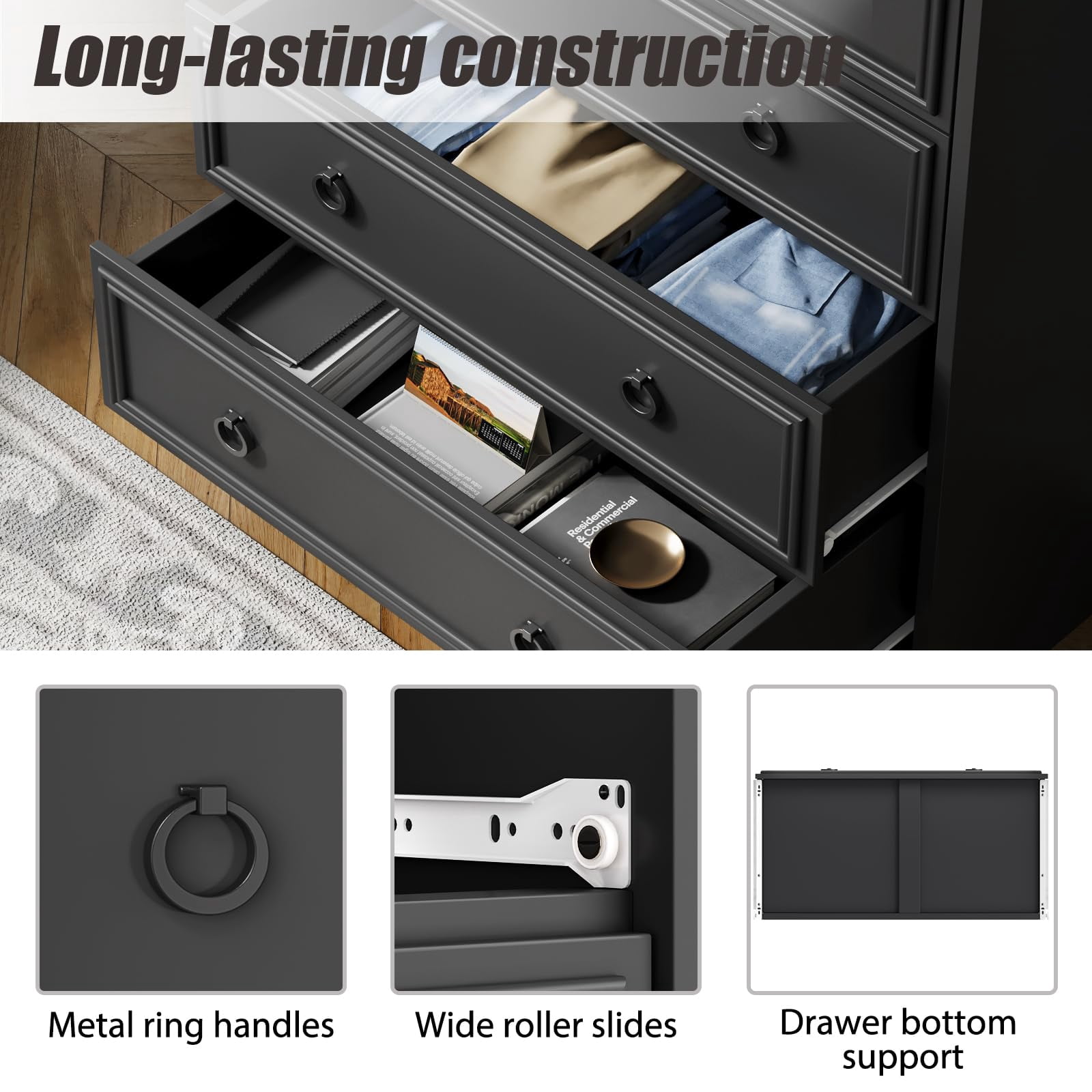 Holliwill Modern Drawer Dresser for Living Room, Bedroom, Hallway, Dresser Chest with 4 Drawers, Black