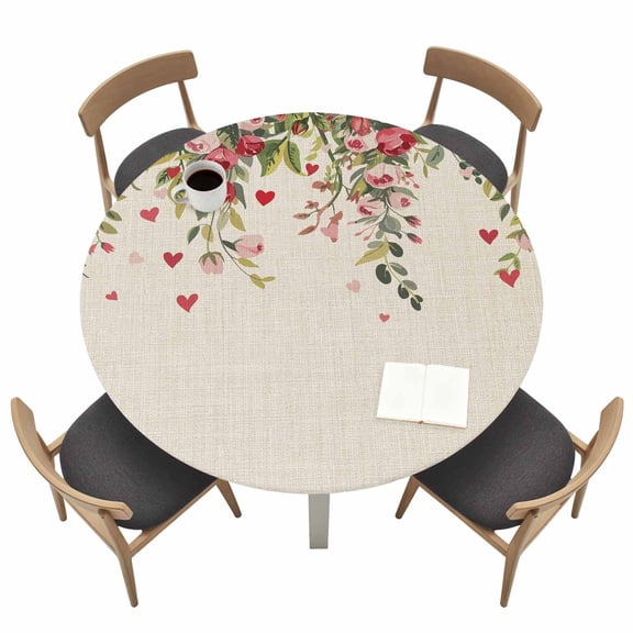 Valentine's Day Round Fitted Tablecloth with Elastic Edge Romantic Watercolor Red Pink Roses Floral Leaf Linen Texture Table Cover Fit for 36"-44" Tables Waterproof Tablecloths for Dinner Picnic