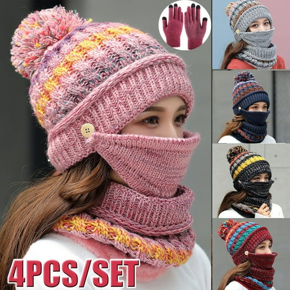 4PCS Fleece Lined Winter Hats for Women Knit Beanie Hat Scarf Mask Glove Set Warm Soft Slouchy Skull Cap Pom