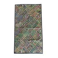 Mogul Bohemian Banjara Tribal Mirrors Embroidered Artisan Vintage Green Patchwork Sari Tapestry Wall Hanging