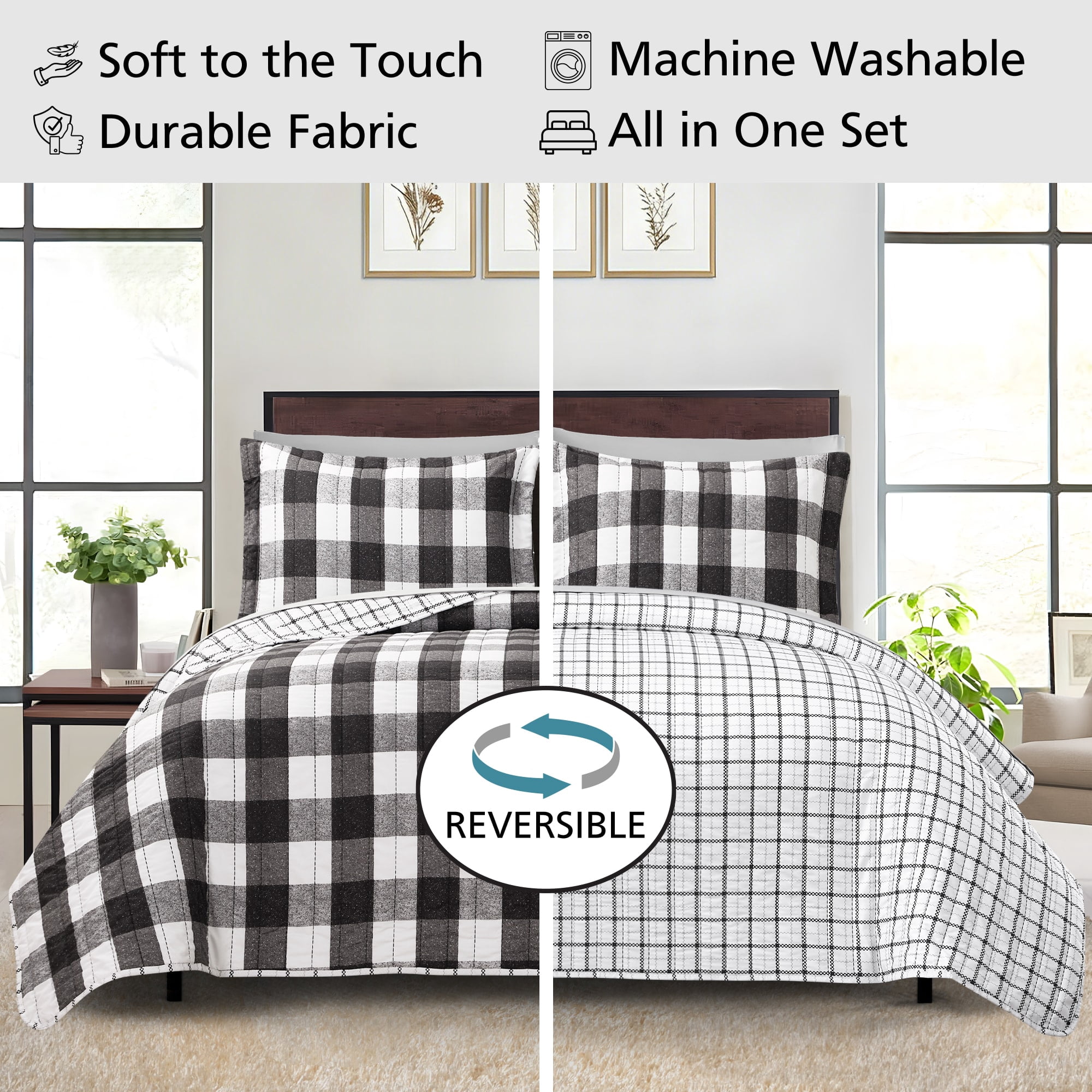 Mainstays All in One Lightweight Quilt Set and Sheet Set -7 Piece, Full, Buffalo Check