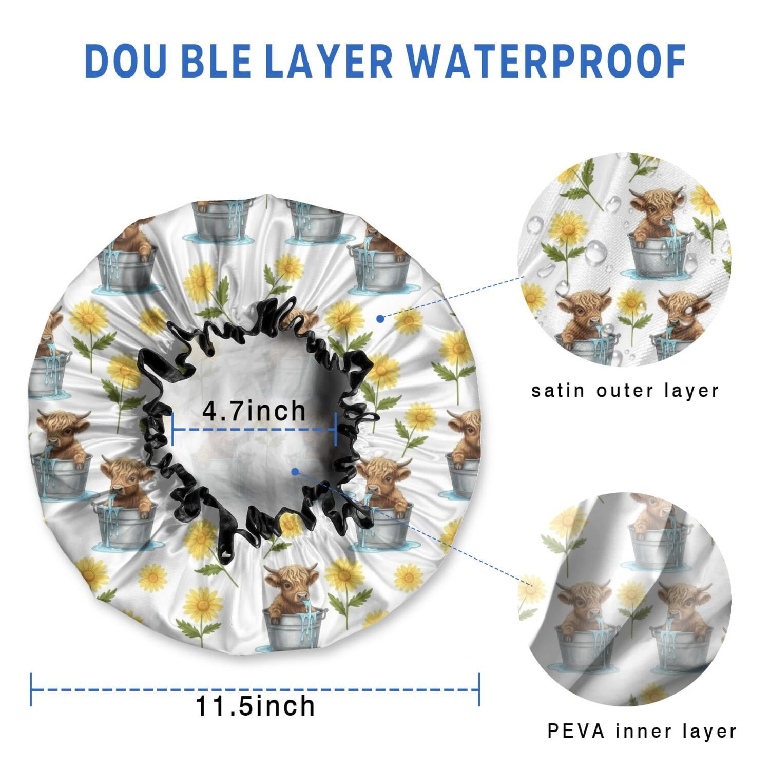 Shower Caps,Highland Cow Bucket Flower Pattern Waterproof Shower Cap for Women 4 Pieces,Double Reusable Hair Cover for Shower PEVA Elastic Stretch Hem
