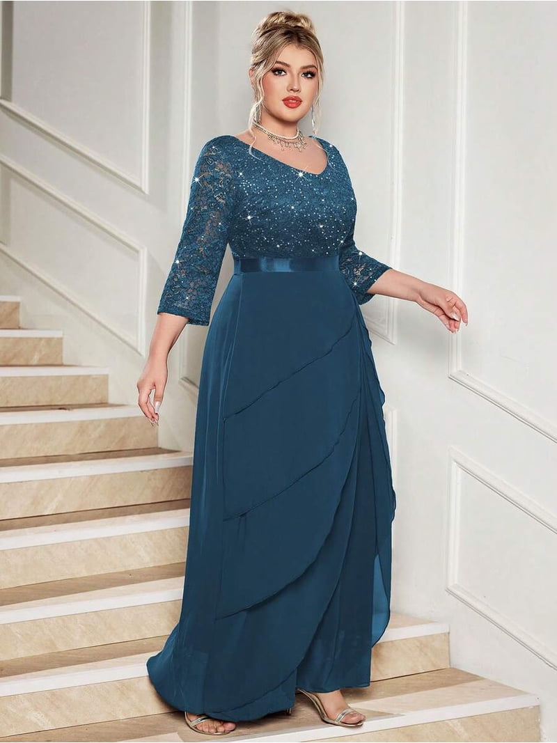 dusty blue plus size bridesmaid dresses V-Neck Sequin Lace 3/4 Sleeve Ruffle Hem Chiffon Maxi Dress For Formal Party Wedding Guest SIZE:00 V Neck 5 Col Grp Seas: S-S DONNA KARAN WEEKEND White