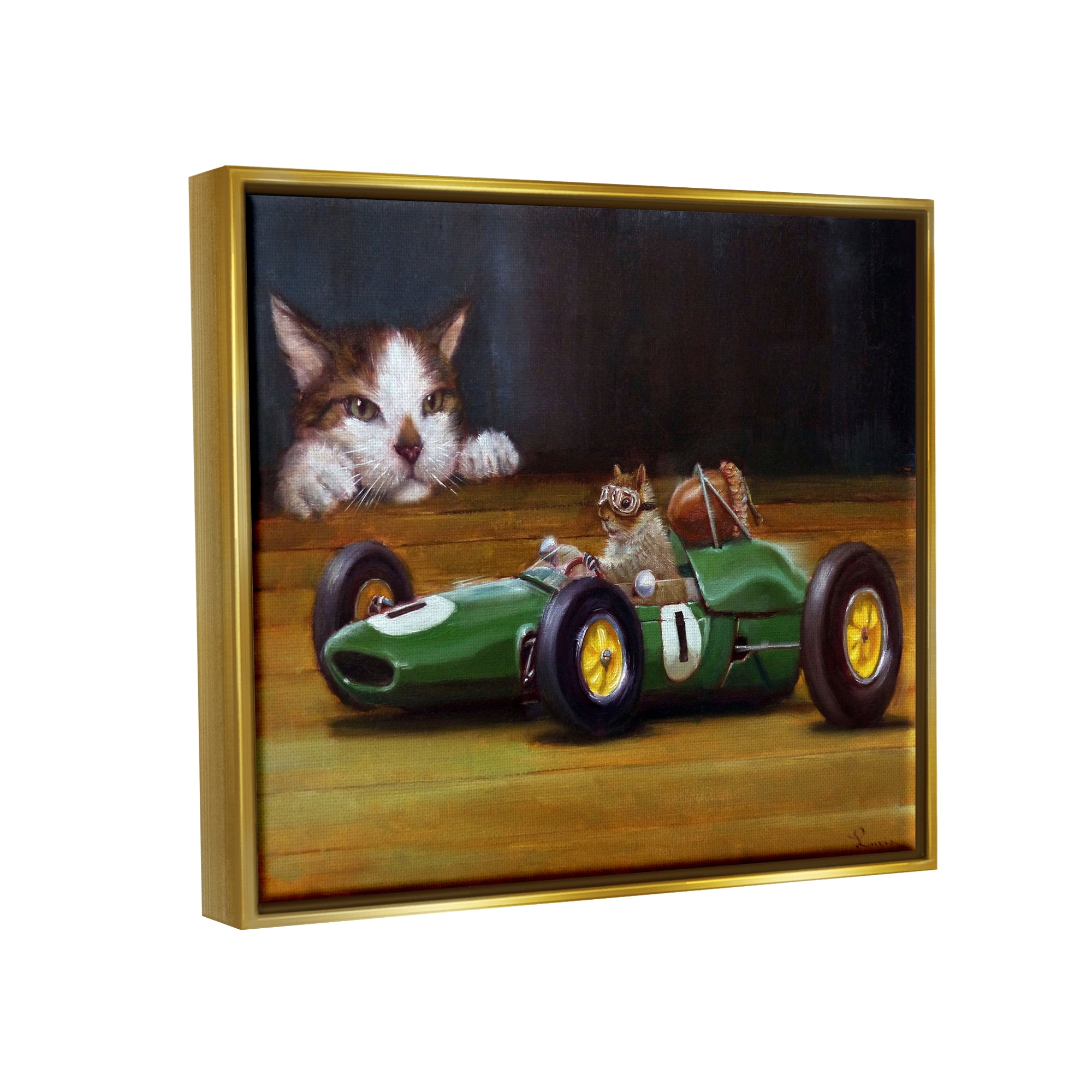 Stupell Industries Funny Squirrel in Race Car Animals & Insects Painting Gold Floater Framed Art Print Wall Art, 31 x 25