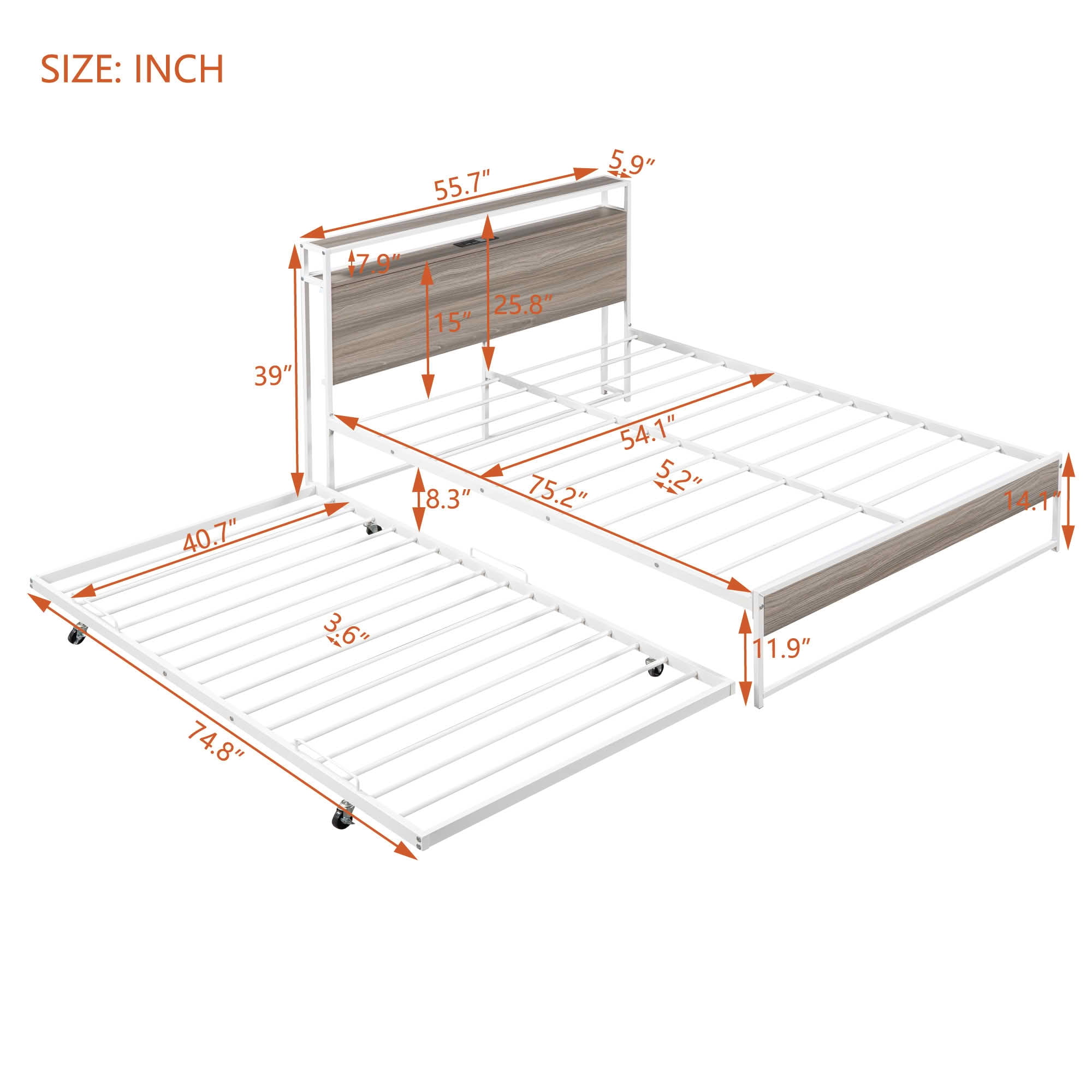 MAYEERTY Full Size Metal & Wood Daybed with Trundle, Headboard Shelves with USB & Socket, Sturdy Noise-Free Frame No Box Spring Needed