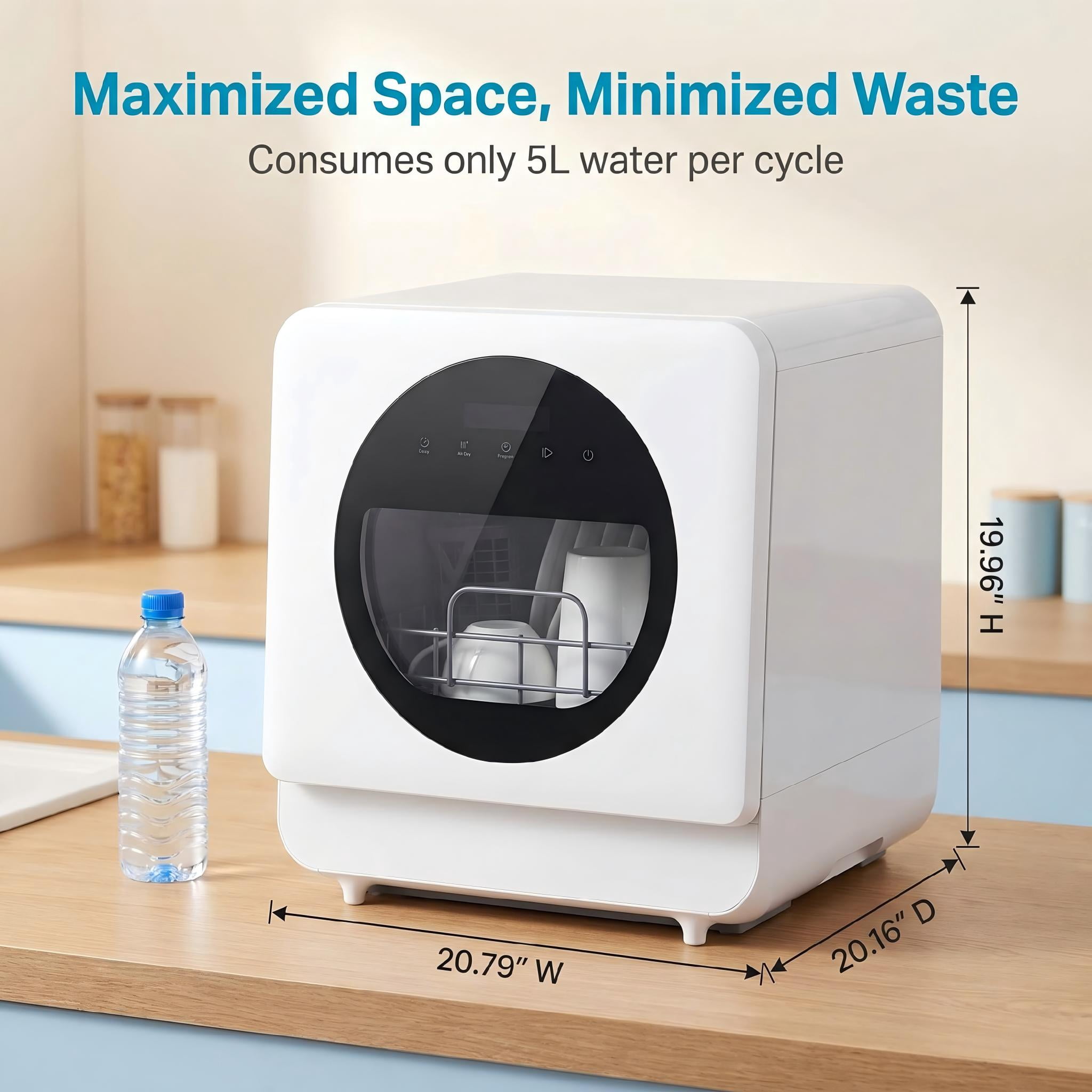 FUNGQI Portable Countertop Dishwasher with Self-Priming Mode, 6 Wash Cycles Compact Tabletop Washer, 5L Capacity, 162°F High-Temp Steam Sanitizing, Extra-Drying for Modern RV Apartments, 115V