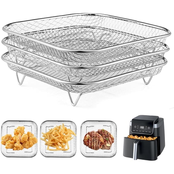 Square Air Fryer Rack Set, 3-Pack – Stackable Stainless Steel Dehydrator Racks for 6-8 Qt Air Fryers, Compatible with Cosori, Instant Vortex, Chefman & Ninja Foodi Grill