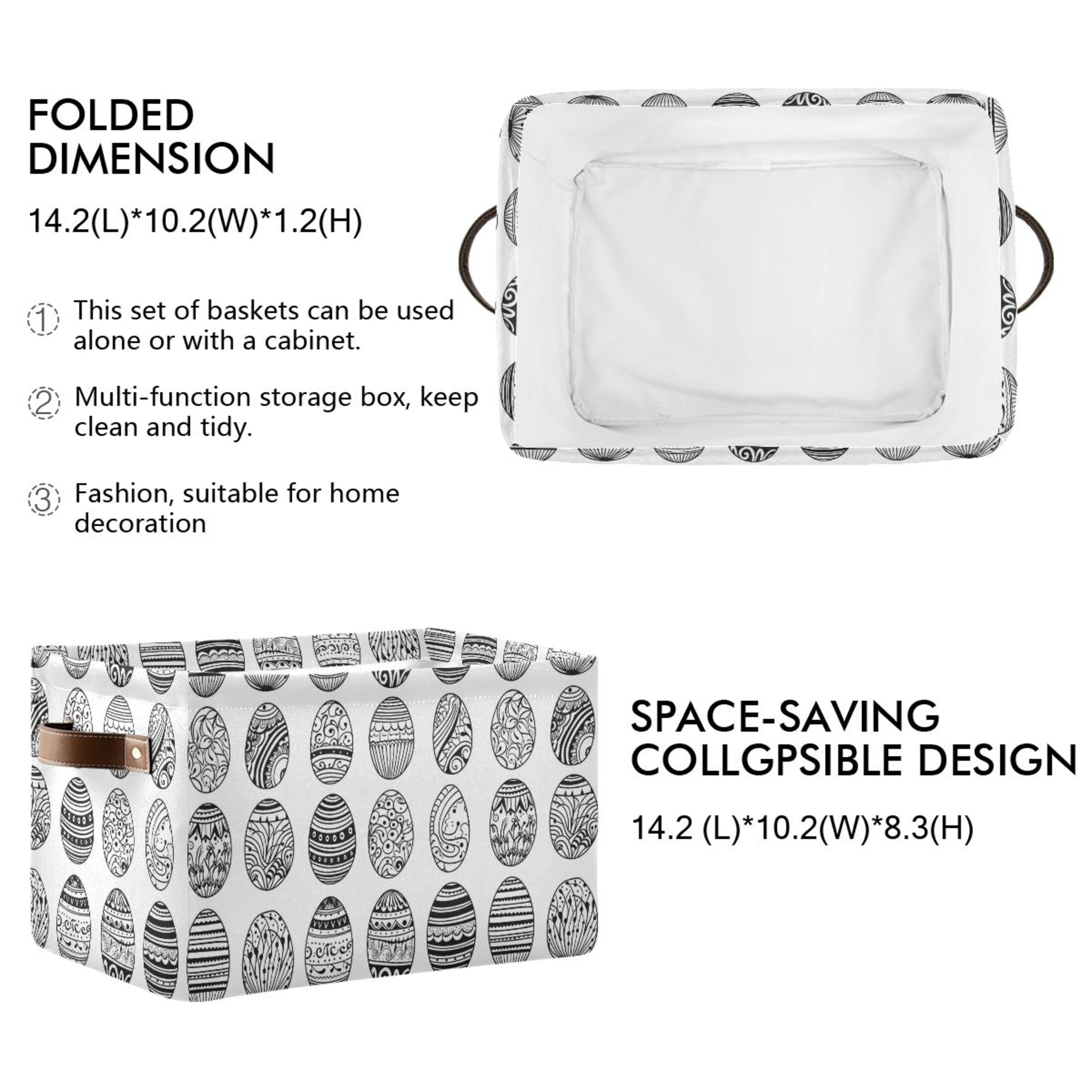 Hand Drawn Easter Eggs Storage Bins with Handle Fabric Organizer Basket Foldable Box 2 Pack 14.2x10.2x8.3