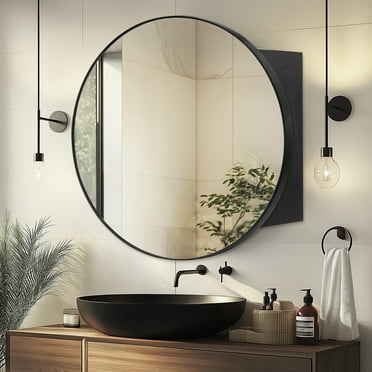 TYLife 24-Inch Black Metal Frame Round Mirror Cabinet, Wall Mounted with Extra Storage
