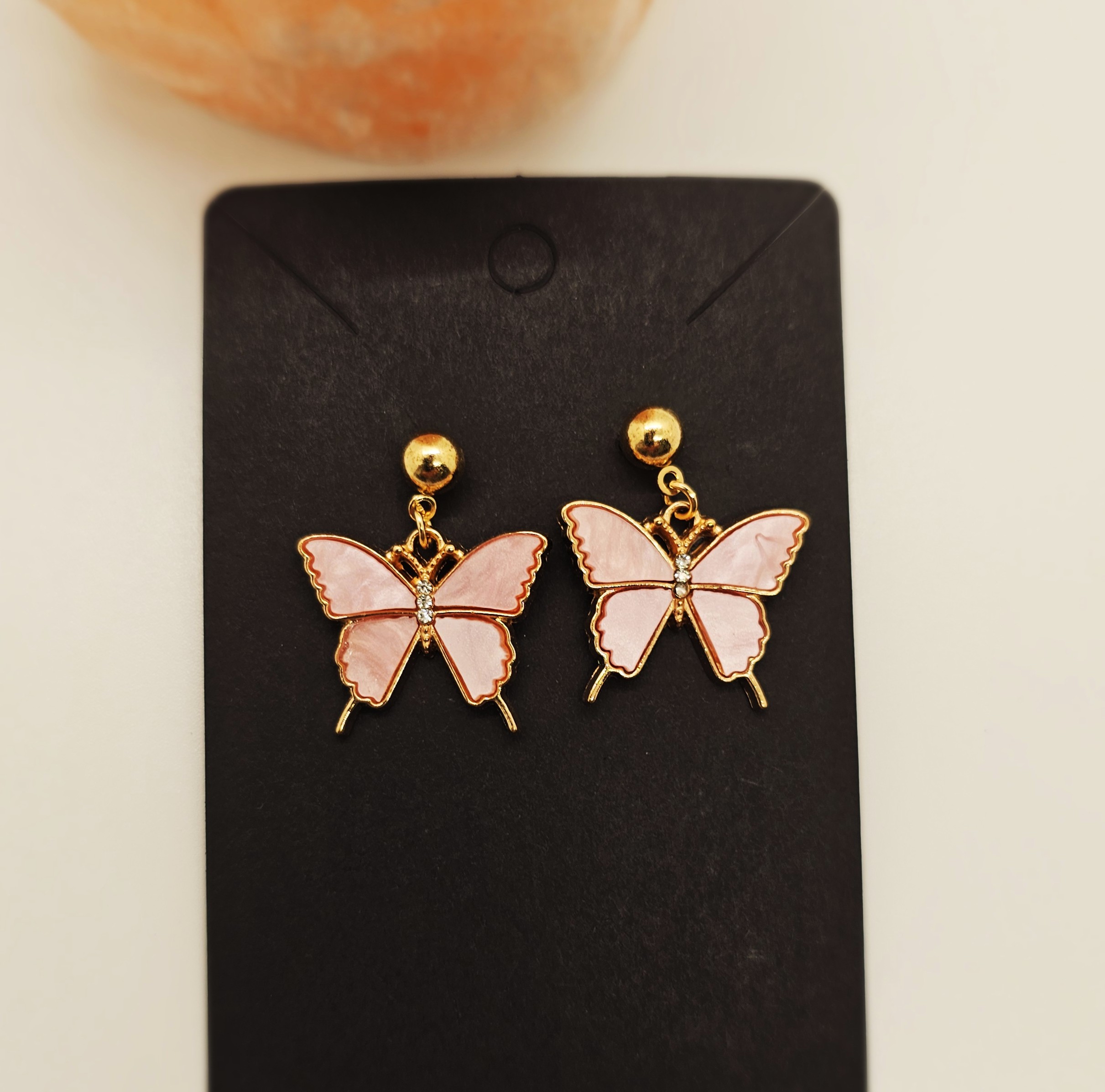 Pink Enamel Butterfly Earrings, Gold Tone