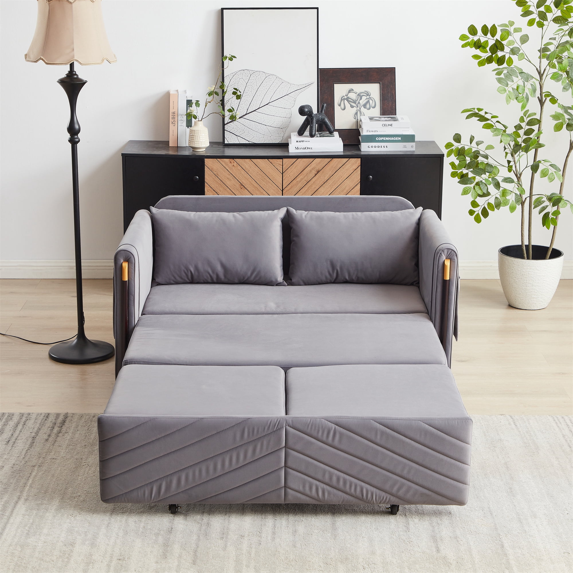 Aukfa Velvet Futon Convertible Loveseat Sleeper Sofa, Full Size, 2Pillows&Side Pockets, Gray