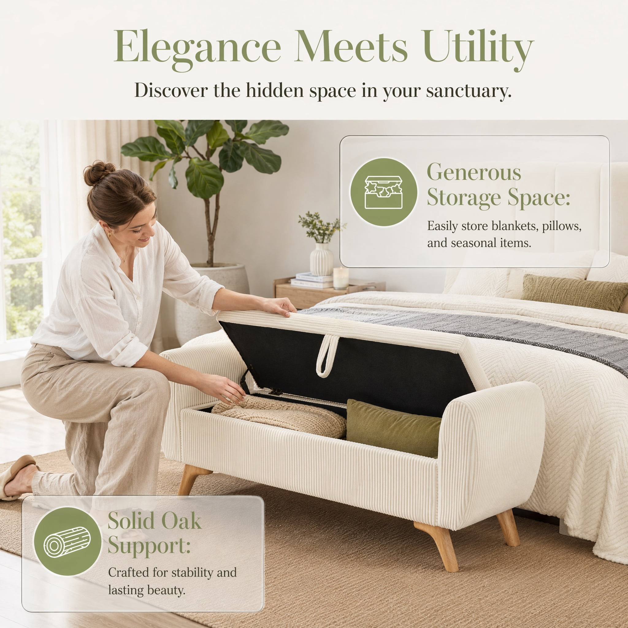 Storage Bed Bench 57 Inch, Corduroy Upholstered Bench with Flip Top Storage for Bedroom Hallway, Beige