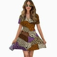 thumbnail image 2 of Leopard Print Colorful Animal Pattern Women Dress V-Neck Short Sleeve Flowy Swing Party Midi Dress, 2 of 4