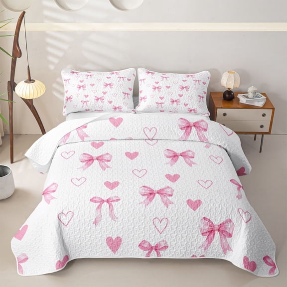 Homewish Girls Bow-Tie Twin Quilt Set,Kawaii Love Hearts Twin Coverlet Set,White Pink,2 Pieces