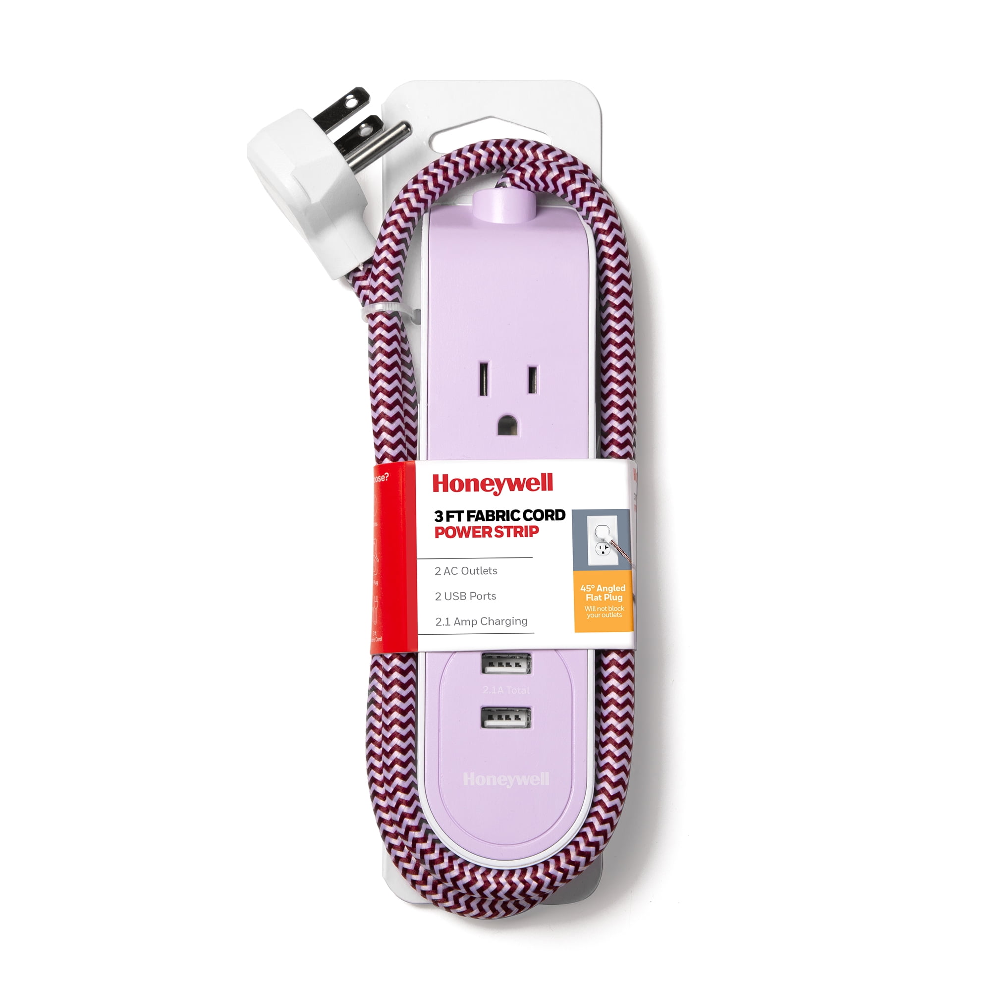 (3 pack) Honeywell Powerstrip with 2 AC Outlets, 2 USB Ports, 3 ft. Fabric Cord (Lavendar/White)