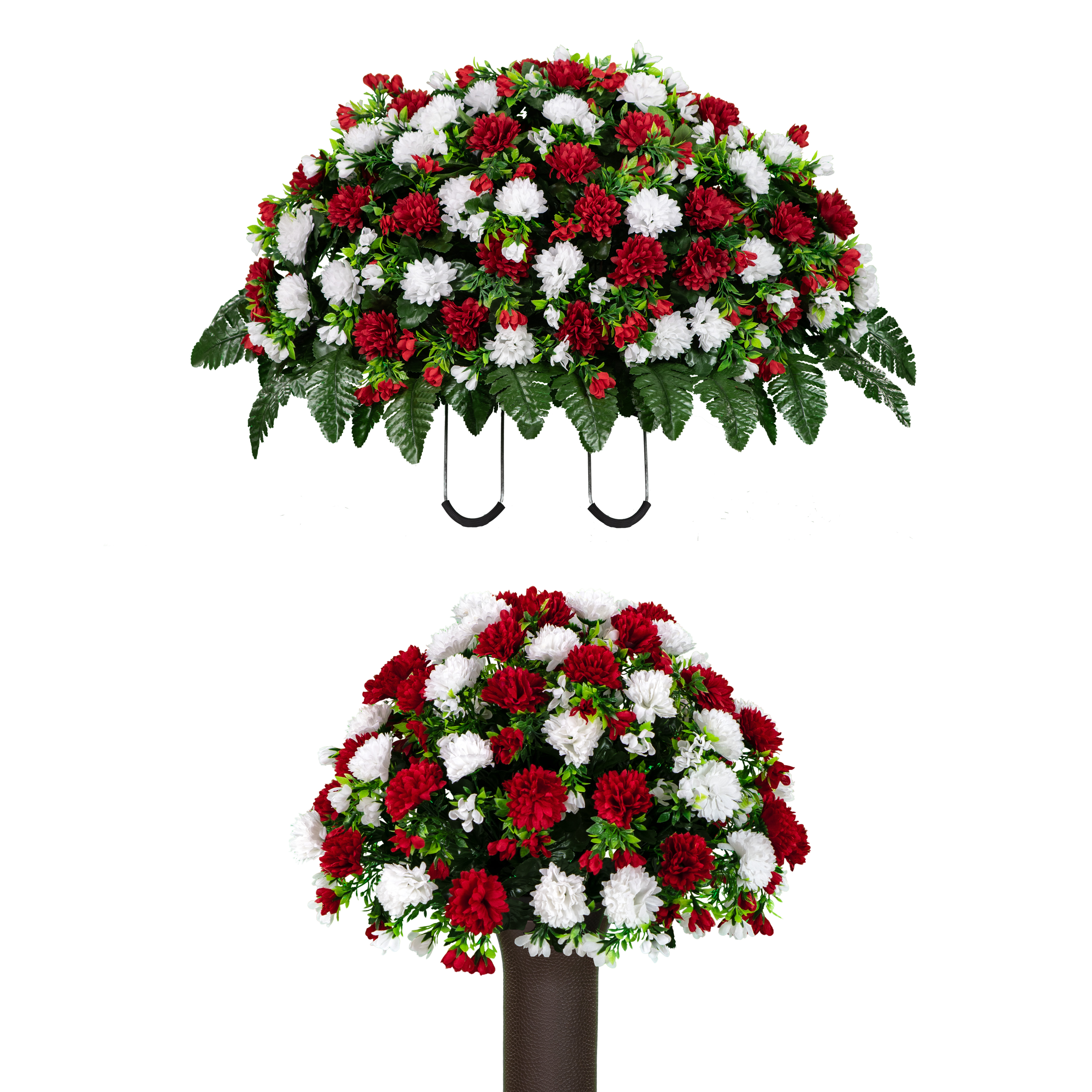 Sympathy Silks Artificial Cemetery Flowers Red and White Garden Mums