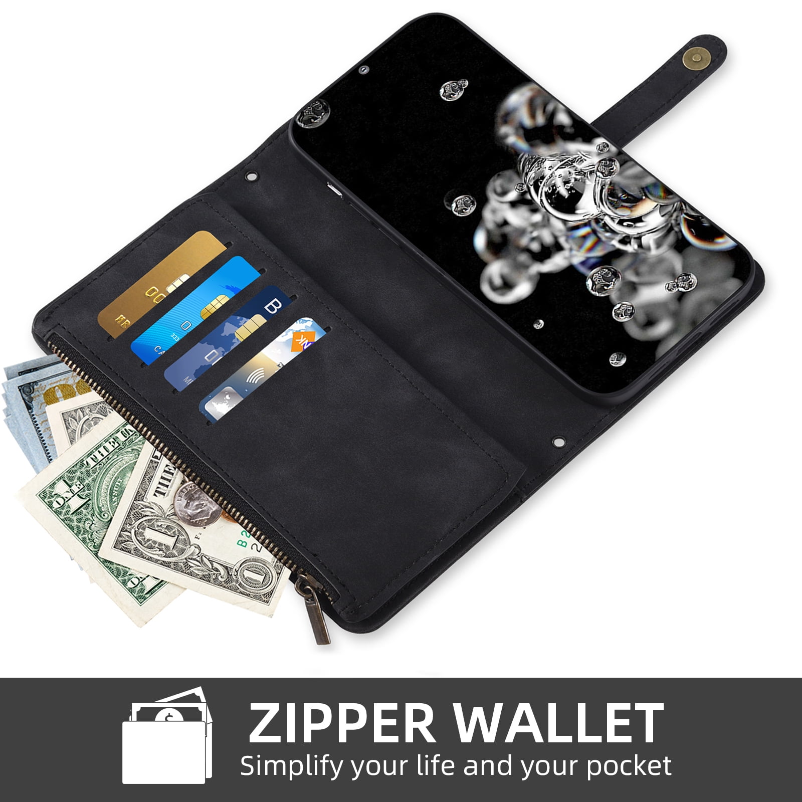Asuwish Phone Case for Samsung Galaxy S20 Ultra 5G Wallet Cover With Tempered Glass Screen Protector Wrist Strap Flip Pattern Zipper Credit Card Holder Cell S20ultra 20S S 20 A20 S2O 20ultra G5 Black