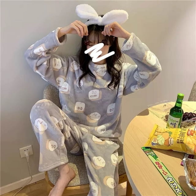 Pijamas de mujer de invierno de franela de manga larga con forro polar grueso de coral lindo traje de otoño e invierno para el hogar para mujer