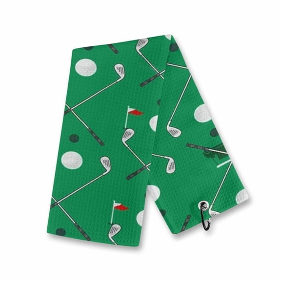 Microfiber Golf Towel with Carabiner Clip, 16x23.8in Absorbent Golf Club Cleaning Towel, Green Golf Cart Flag Pattern Sports Towel for Golf Bag Accessories