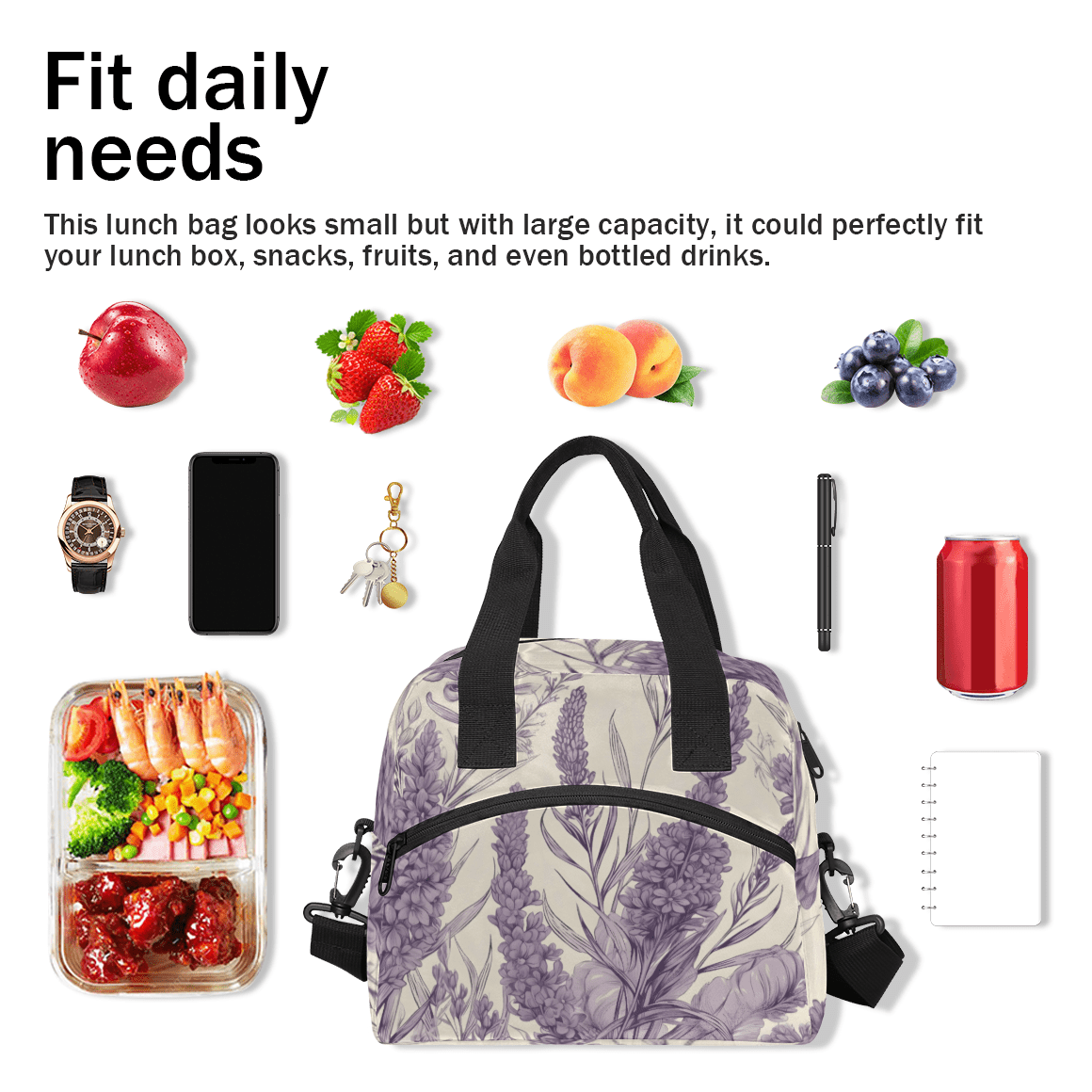 Herdesigns Purple Lavender Flowers Insulated Lunch Bag for Women Men Adults Large Reusable Lunch Box Leakproof Portable Cooler Tote Bags with Adjustable Shoulder Strap