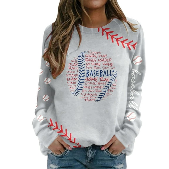 Gaexia Womens Sweatshirts Trendy Casual Long Sleeve Round Neck Baseball Print Sweatshirt Hoodless Pullover Soft Comfortable Game Day Top,Grey,S