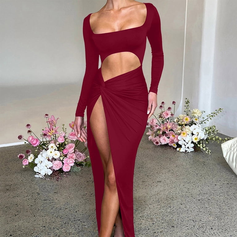 Olyvenn Womens Cropped Patchwork Split Cocktail Dress Skinny Long Sleeve  Prom Dress Fashion Slip Classic Solid House Dress Trendy Square Neck Blouse  Tunic Slim Fit Flowy Ball Gown Smocked Wine 10 -