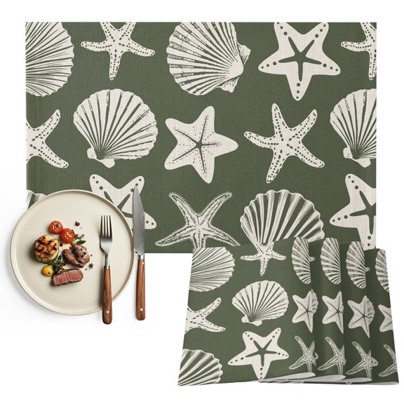 Placemats Set of 4, Starfish Sea Shells Place Mats Olive Green Coastal Marine Life Tablemats Washable Placemat Table Decoration for Kitchen Table Dinner Party Home Decor Indoor Outdoor 13x19 Inch