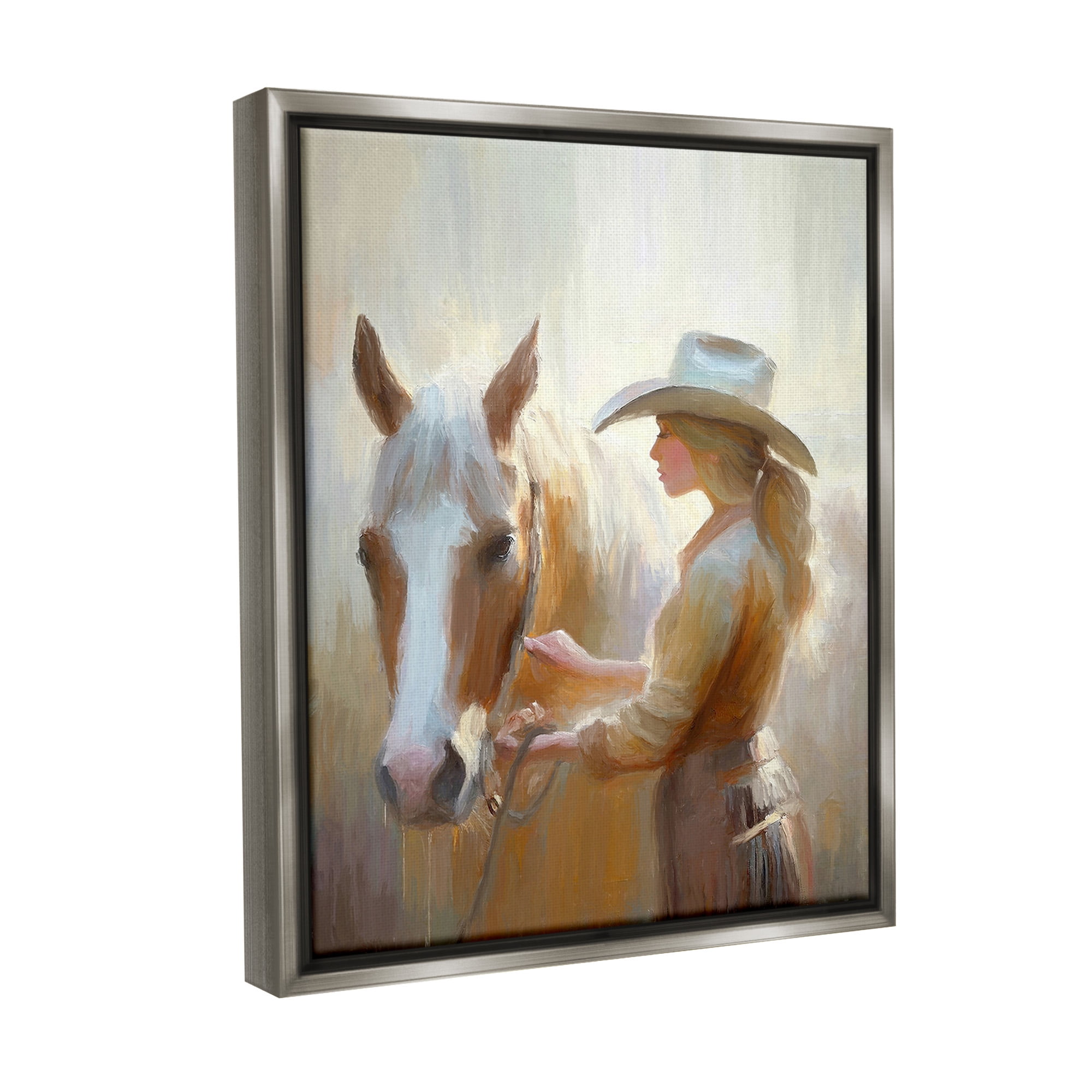 Stupell Industries Sunlit Cowgirl & Horse Animals & Insects Painting Gray Floater Framed Canvas Art Print Wall Art, 25 x 31