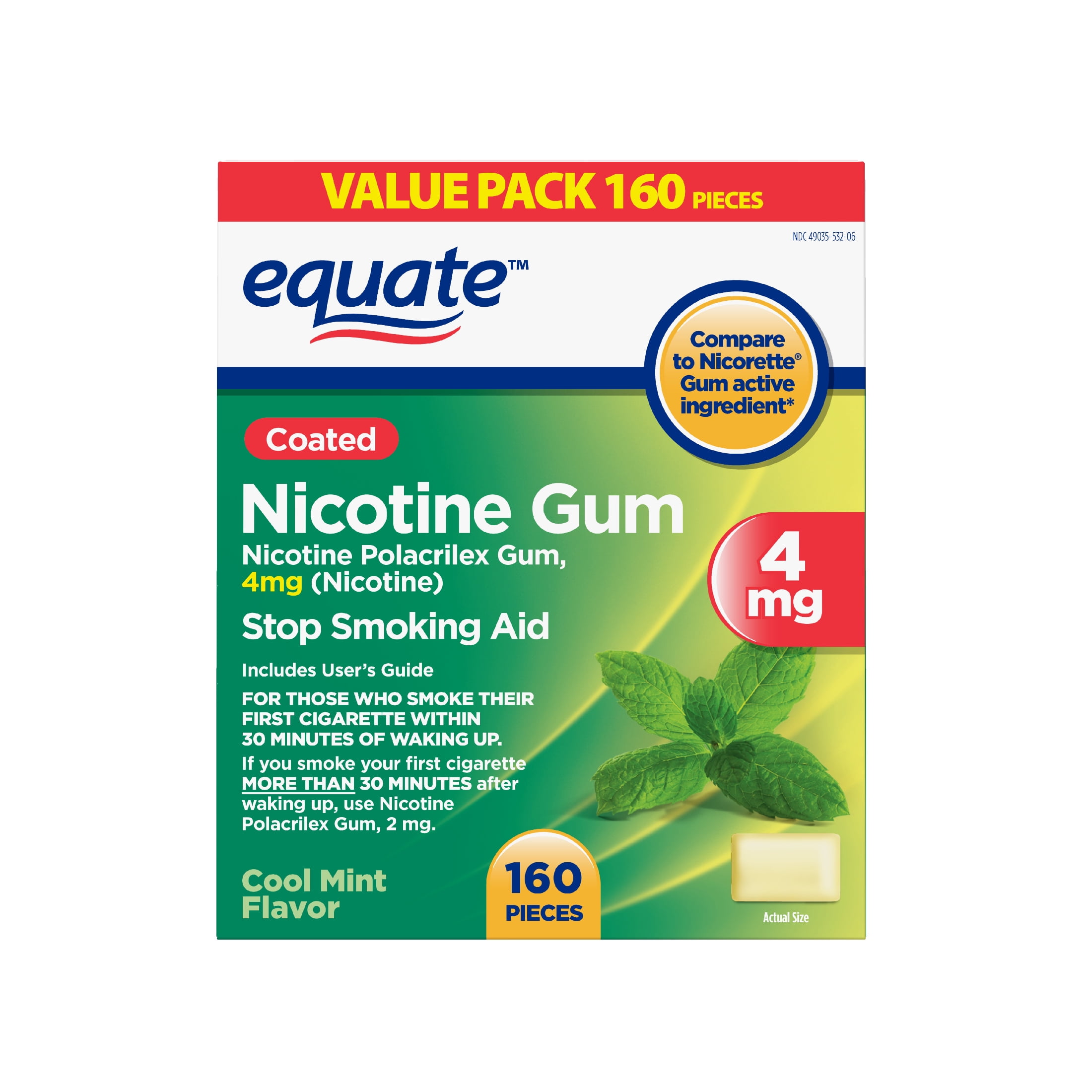Equate Coated Nicotine Polacrilex Gum, 4mg, Cool Mint Flavor, 160