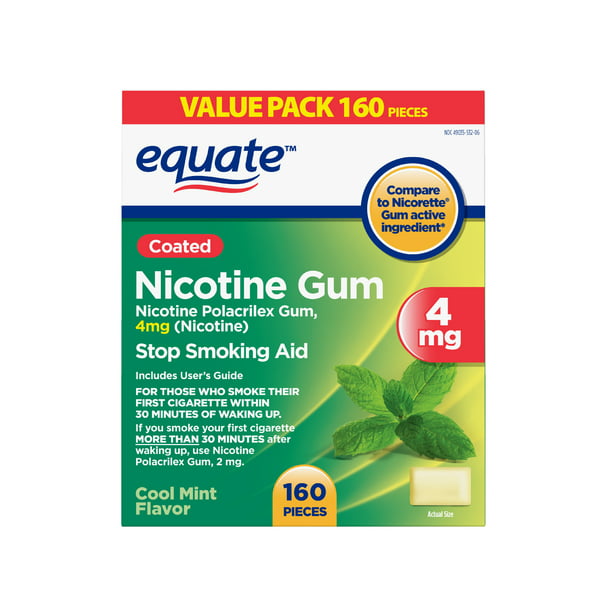 Equate Coated Nicotine Polacrilex Gum, 4mg, Cool Mint Flavor, 160 ...