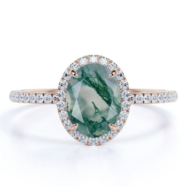 JeenMata Anillo de Compromiso de 1,50 Quilates con Halo Pavé de Moissanita y Ágata Verde Musgo Dendrítica Blanca Lechosa Natural Ovalada de 4 Puntas en Baño de Oro Rosa de 18 K sobre Plata