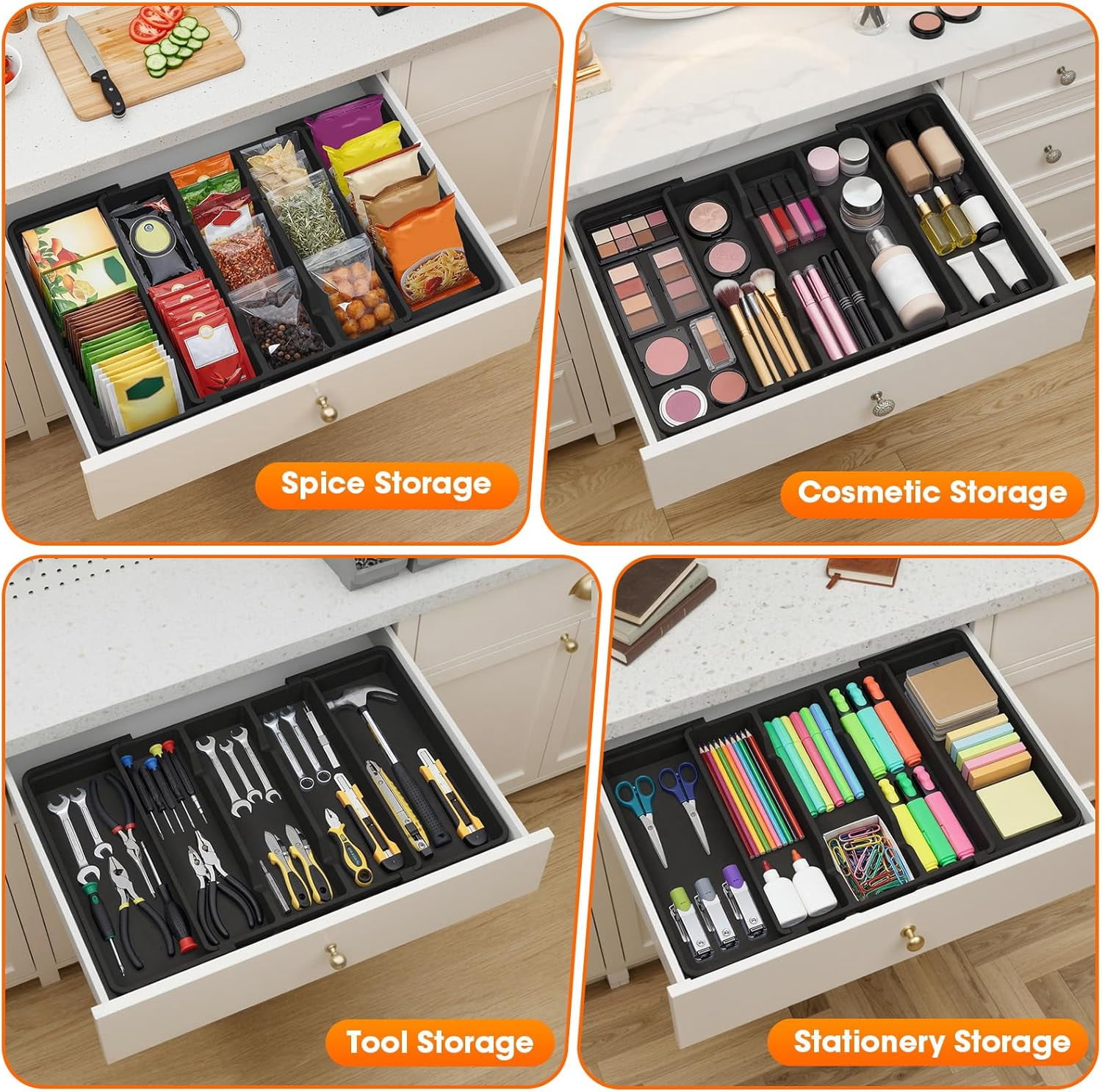 Silverware Organizer, Expandable Utensil Drawer Organizer for Kitchen Drawers, Kitchen Drawer Organizer for Spoons/Forks/Knives, Multipurpose & BPA Free Cutlery Tray, Black, 2 Pack