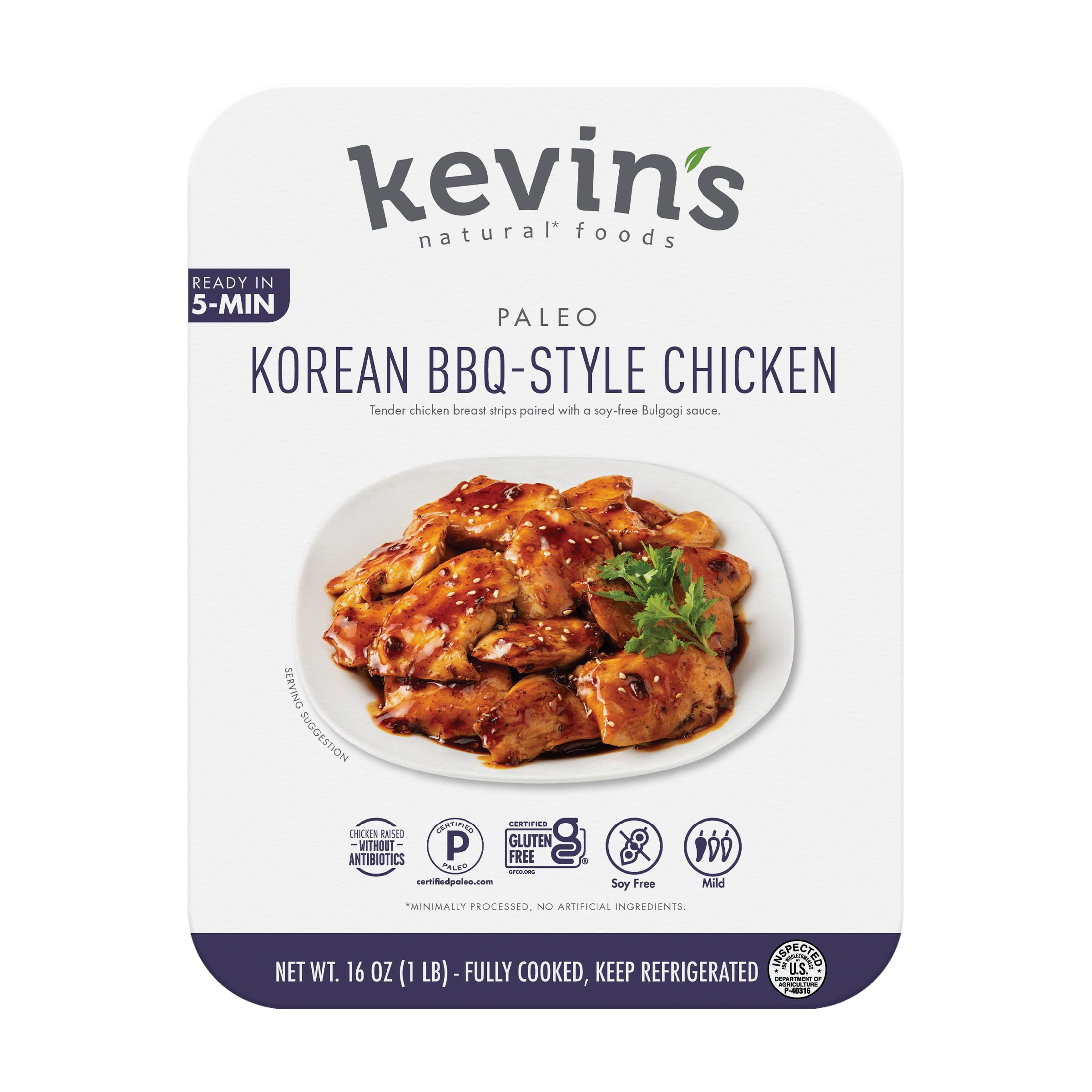 (4 pack) Kevin's Natural Foods Korean BBQ-Style Chicken, Fully Cooked Refrigerated Entree, Plastic 16 oz