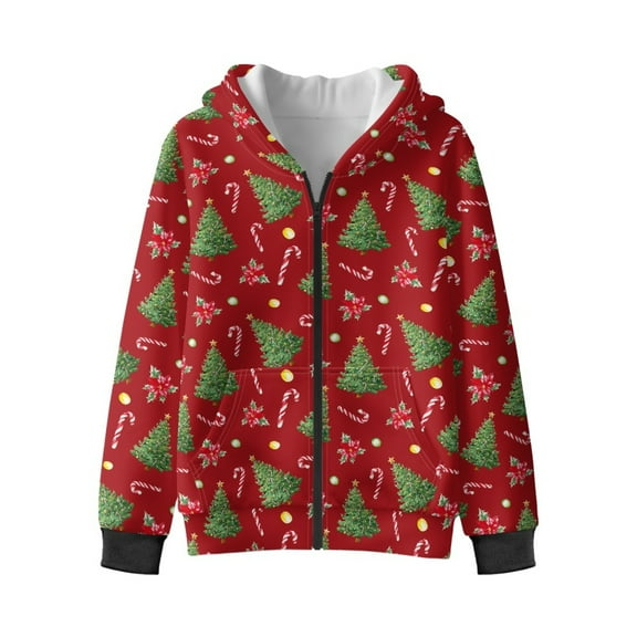 Xoenoiee Christmas Tree Candy Berry Print Hoodies for Girls Boys Fleece Full Zip Up Sweatshirts Long Sleeve Hooded Sweatshirt Lightweight Jumpers Hooded Jacket Sports Shirt with Pocket, 6-7 Years
