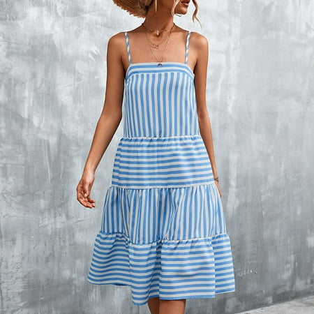 Summer Savings Clearance MIANHT Dresses for Women  Plus Size Dresses  Women s Casual Sexy Summer Sling Mid-waist V-neck Sleeveless Strapless Striped Dress