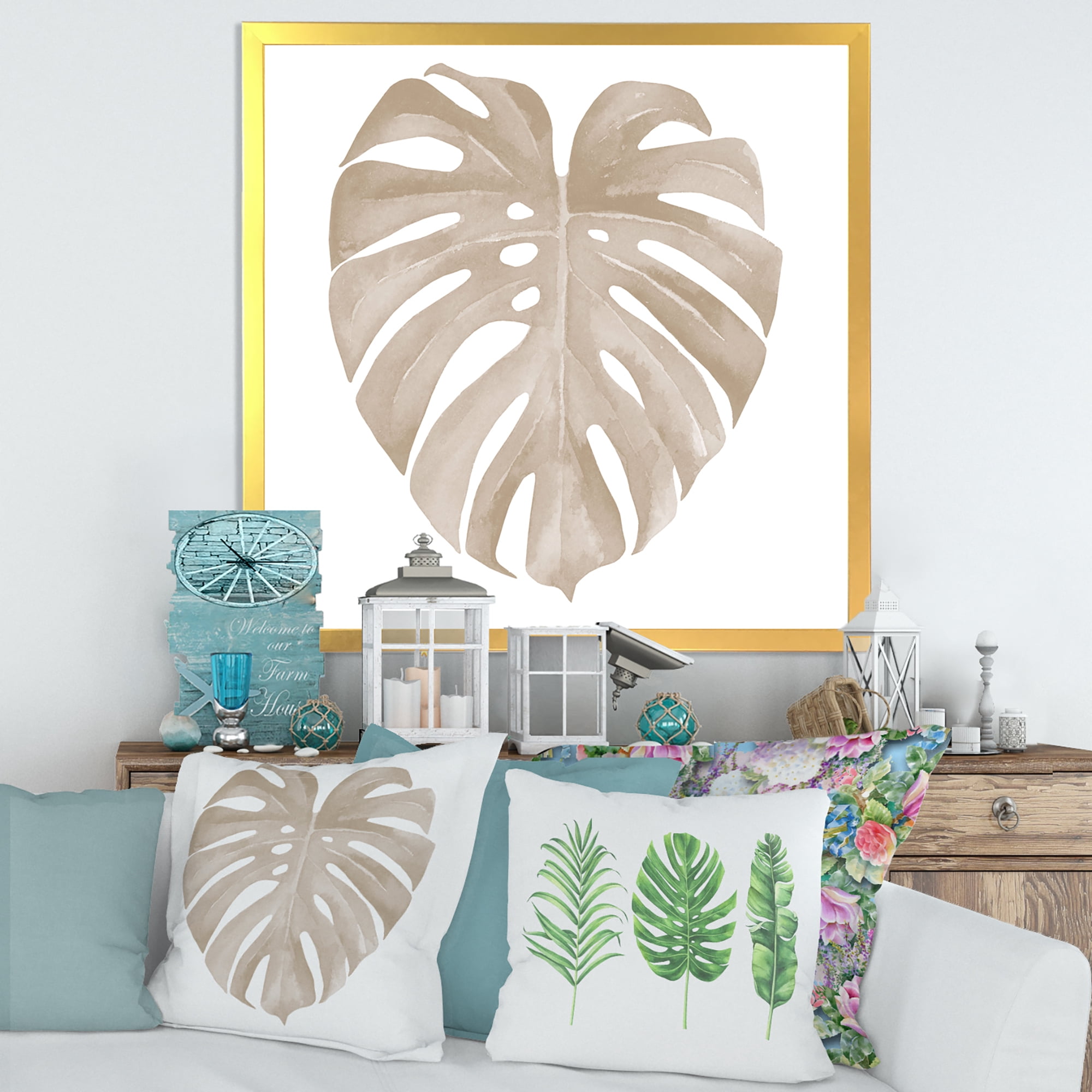Designart 'Beige Ivory Pastel Monstera Heart Shaped Tropical Leaf' Traditional Framed Art Print