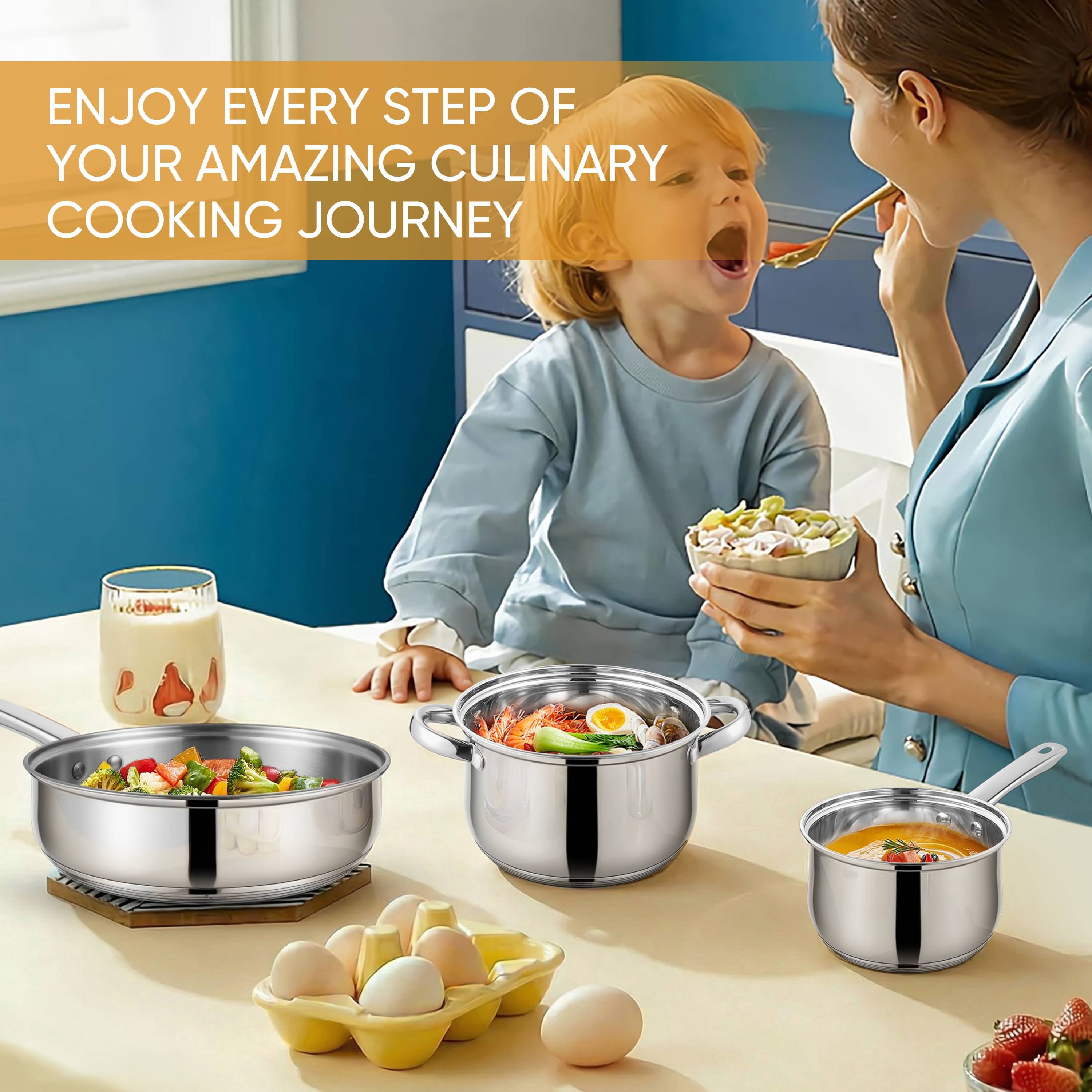 Coliware 6-Piece Pots and Pans Set, Stainless Steel Cookware Sets with Stock Pots Saucepans Frying Pans, Non-Stick Commercial Cooking Set Compatible with All Stovetops, Dishwasher Safe